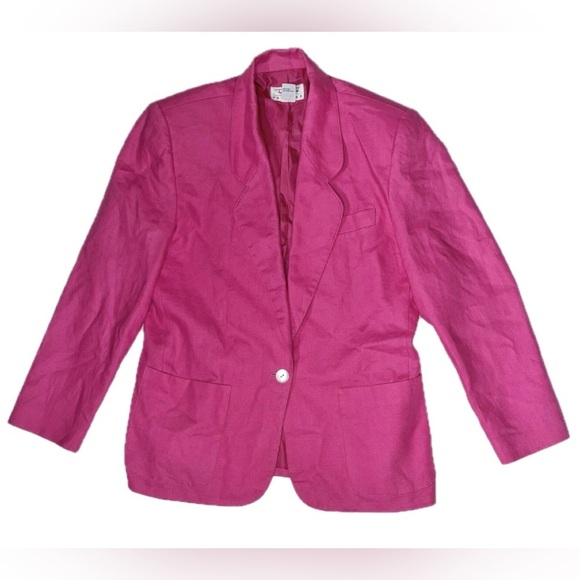 Vintage Jackets & Blazers - Vintage Talbots Pink Linen  Blazer Size 10 Petite 10P Barbiecore Preppy Bold Y2K